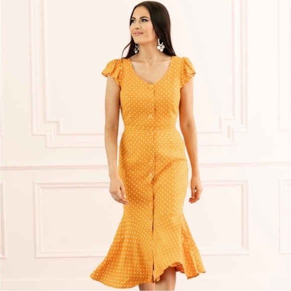 Rachel Parcell Linen Blend Polka Dot Button Front Midi Dress Orange Citrus M - Picture 1 of 16